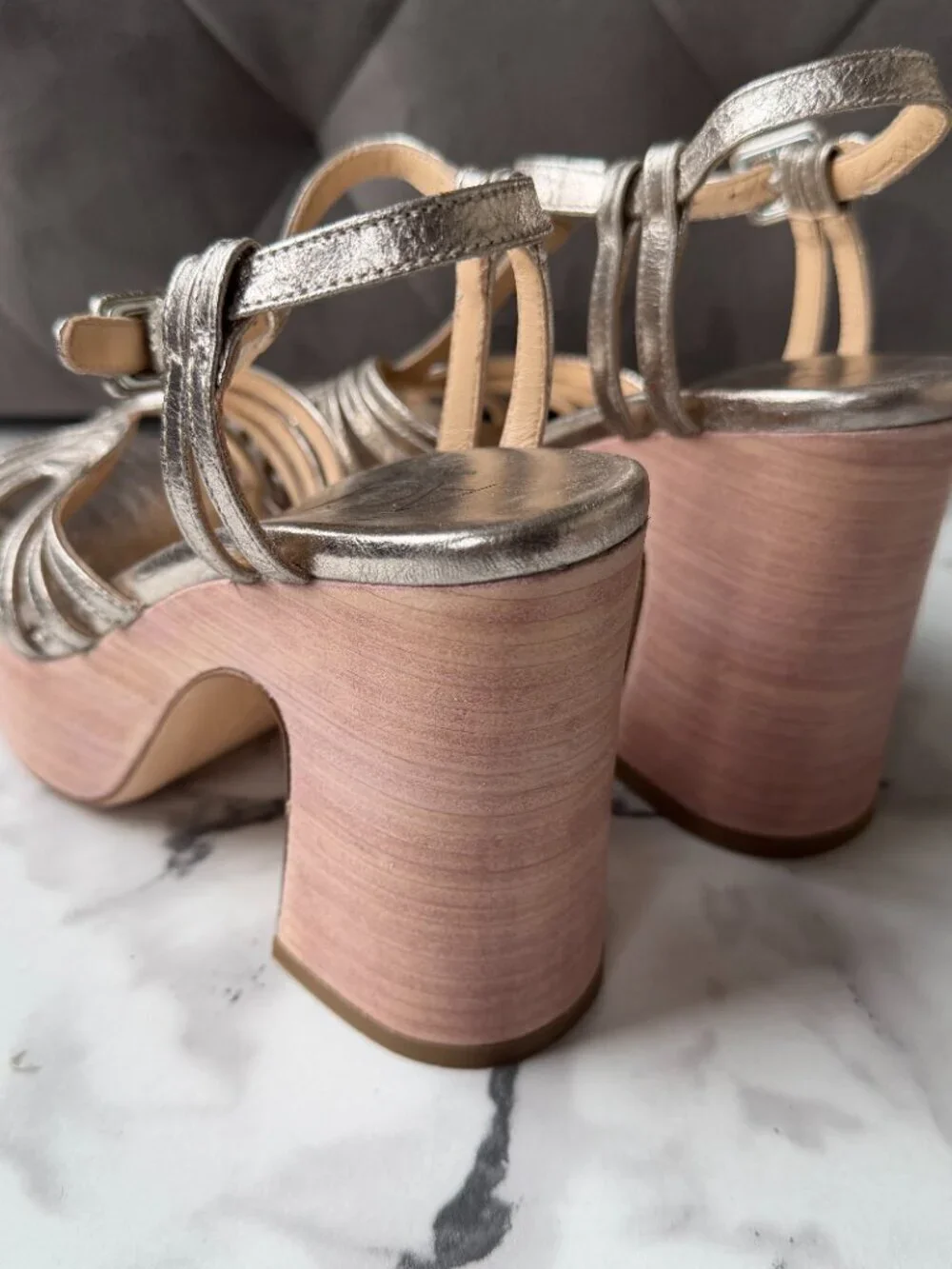 AGL Gold Leather Platform T-Strap Sandals Size EU 36.5